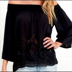 Lovestitch Lulu’s Off Shoulder Eyelet Smocked Top Black M EUC